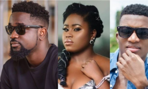 Triptych of three adults wearing sunglasses: left a bearded man in a black shirt, middle a woman with an updo and earrings, right a man in a denim shirt posing with his hand near his chin.