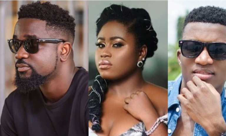 Triptych of three adults wearing sunglasses: left a bearded man in a black shirt, middle a woman with an updo and earrings, right a man in a denim shirt posing with his hand near his chin.