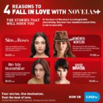 Red promo poster for Novelas+ promoting four stories with lead headshots and showtimes from 16:00 to 19:00 CAT (Sins and Roses, Doménica Montero, Be My Sunshine, Avenida Brasil).