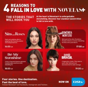 Red promo poster for Novelas+ promoting four stories with lead headshots and showtimes from 16:00 to 19:00 CAT (Sins and Roses, Doménica Montero, Be My Sunshine, Avenida Brasil).