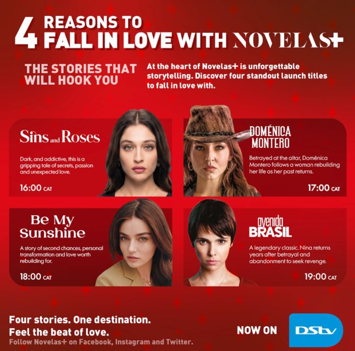 Red promo poster for Novelas+ promoting four stories with lead headshots and showtimes from 16:00 to 19:00 CAT (Sins and Roses, Doménica Montero, Be My Sunshine, Avenida Brasil).