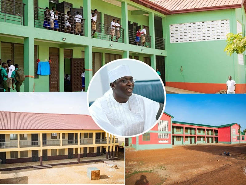 Collage of colorful school buildings with students on balconies and a central portrait of a man in white traditional clothing.