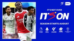Promotional blue banner: 'IT'S NOT OVER IT'S ON' — Season starts August, with a collage of football players and league logos (Premier League, Serie A, LaLiga, Champions League).