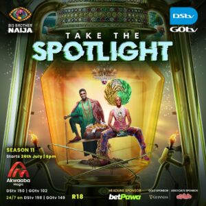 Promo poster for Big Brother Naija Season 11: two contestants inside a glowing golden lamp with the headline 'Take the Spotlight', plus sponsor logos and channel marks.