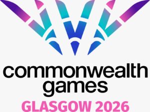 Commonwealth Games Glasgow 2016 branding: multicolored wing-like shapes above bold 'commonwealth games' text with 'GLASGOW 2016' in pink.