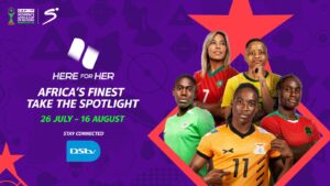 Promotional banner for CAF Women's Africa Cup of Nations Morocco 2026 with diverse female players, slogan 'Here for Her,' and dates 26 July–16 August.