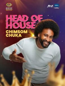 Promotional poster for Head of House featuring Chimsom Chuka, a smiling man with an Afro in a light gray sweater, with bold pink headline text.