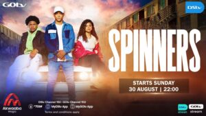 Poster for 'Spinners' showing three young people leaning on a car; announces a Sunday, 30 August at 22:00, with GoTV/DStv branding.