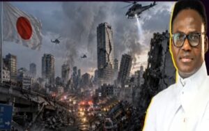 Ruined cityscape with smoking skyscrapers and rescue helicopters; a man in a white coat stands on the right.