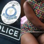 Split image: left side shows a police badge on a dark uniform; right side shows a person in a colorful patterned dress sitting with hands in lap.