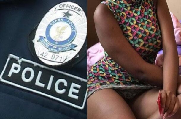 ashawo_police | Ghanaguardian.com Split image: left side shows a police badge on a dark uniform; right side shows a person in a colorful patterned dress sitting with hands in lap.