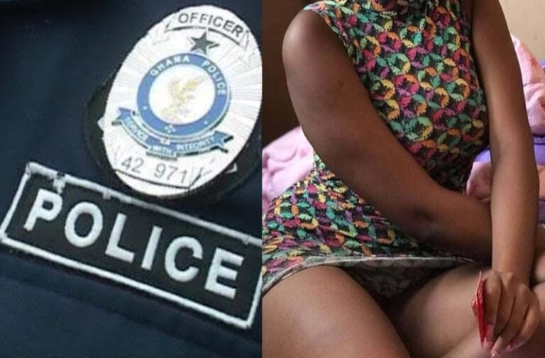 Split image: left side shows a police badge on a dark uniform; right side shows a person in a colorful patterned dress sitting with hands in lap.