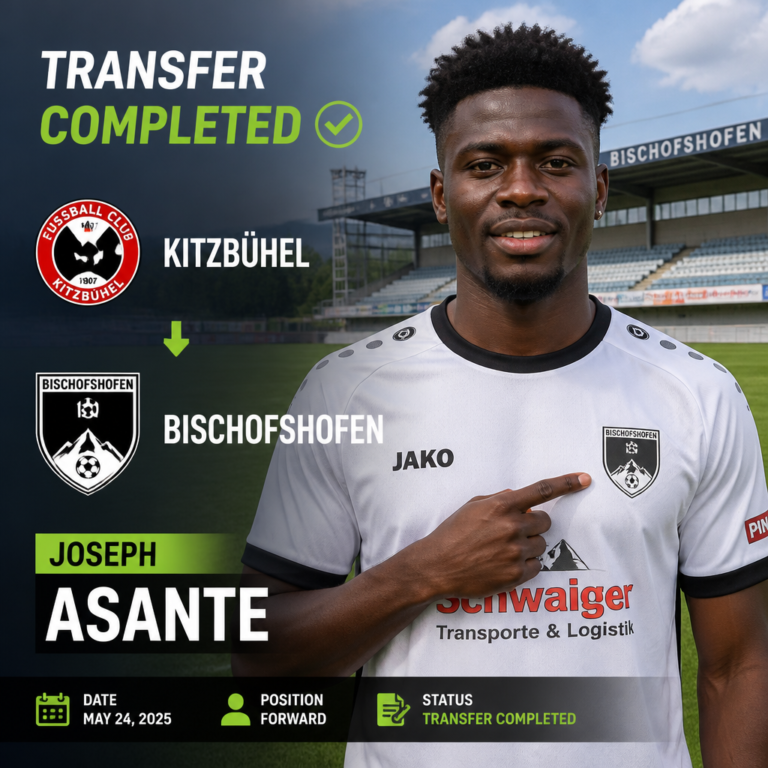 Transfer completed: Joseph Asante signs with Bischofshofen, forward portrait on stadium background.