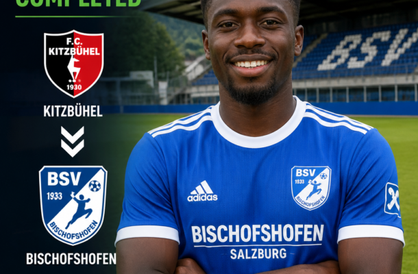 eng_423710_e0cy2fufqun7bgm01pwyz9lm_2026-07-16_transfer | Ghanaguardian.com Joseph Asante, new transfer to Bischofshofen, smiles with arms crossed on a football pitch under a TRANSFER COMPLETED banner.