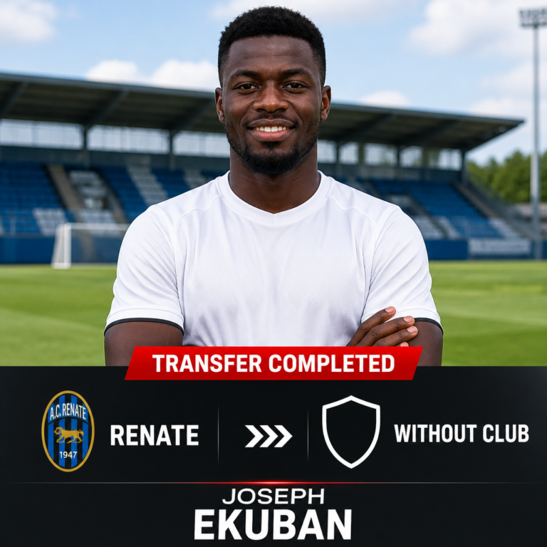 Portrait of a smiling footballer in a white shirt standing on a pitch; banner reads 'TRANSFER COMPLETED' and shows Joseph Ekuban moving from Renate to Without Club.
