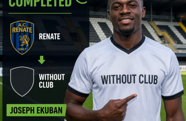 Transfer completed announcement: Joseph Ekuban joins Renate; left overlay shows Renate crest, green check, and 'Without Club' shield with the player on a pitch.