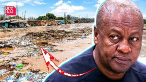 Portrait of a man looking to the side against a polluted riverbank littered with trash, suggesting an environmental issue (RSS logo in corner).