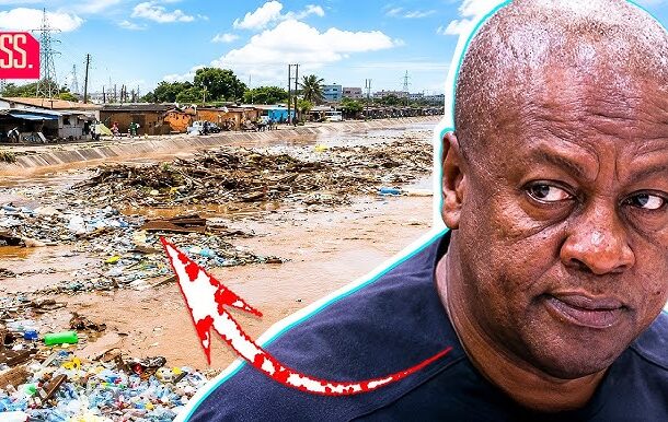 hq720 | Ghanaguardian.com Portrait of a man looking to the side against a polluted riverbank littered with trash, suggesting an environmental issue (RSS logo in corner).