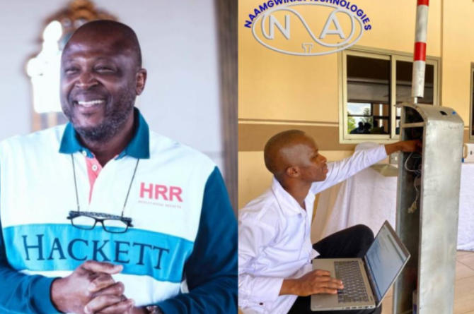 Two men in a split-screen image: left, a smiling man wearing a Hackett HRR polo; right, a man with a laptop at an access gate.