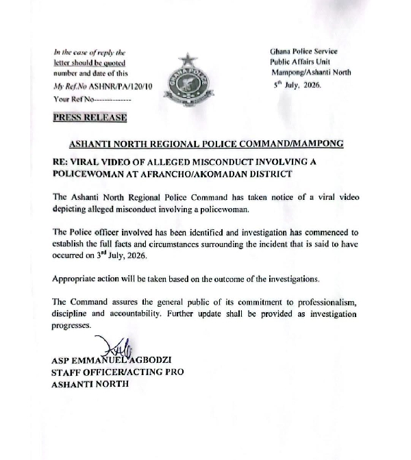 image-163 | Ghanaguardian.com Press release from Ashanti North Regional Police Command about a viral video alleging misconduct by a policewoman in Afrancho/Akomadan district.
