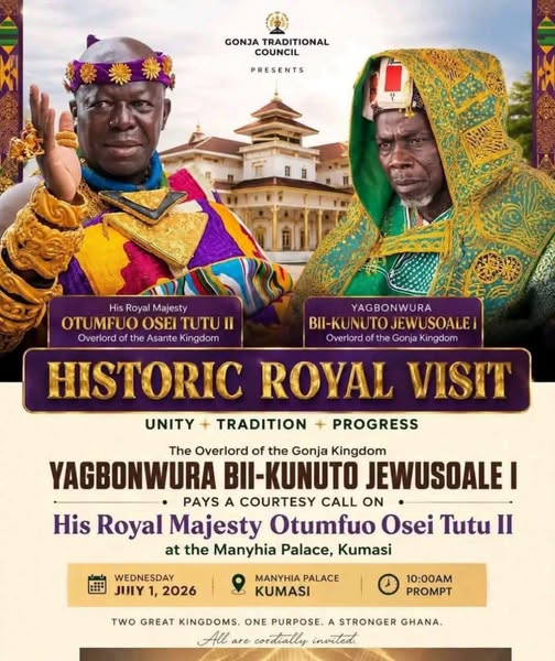 Historic Royal Visit poster featuring Otumfuo Osei Tutu II and Yagbonwura Bii-Kunuto Jewusoale I; event at Manhyia Palace, Kumasi, July 1, 2026, 10:00 AM