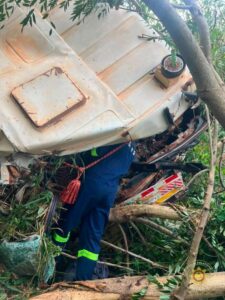 Emergency responder in blue with high‑visibility stripes searches under an overturned truck tangled in branches.