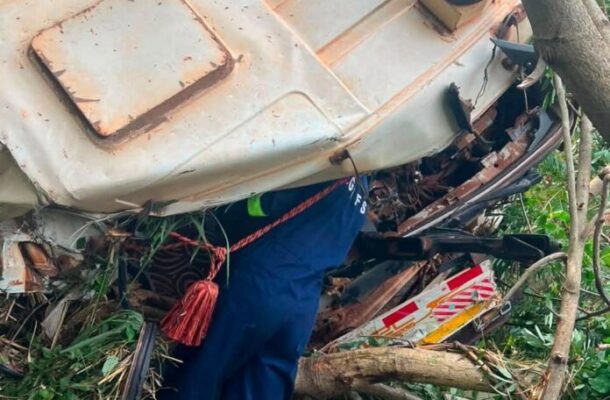 image-2026-07-13T013209155-696x928 | Ghanaguardian.com Emergency responder in blue with high‑visibility stripes searches under an overturned truck tangled in branches.