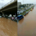 Two-panel photo of urban flooding: left shows cars and pedestrians near a raised overpass with floodwater surrounding vehicles; right shows a wide main road almost completely flooded, with slow traffic and brown water covering multiple lanes.