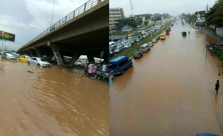 Two-panel photo of urban flooding: left shows cars and pedestrians near a raised overpass with floodwater surrounding vehicles; right shows a wide main road almost completely flooded, with slow traffic and brown water covering multiple lanes.