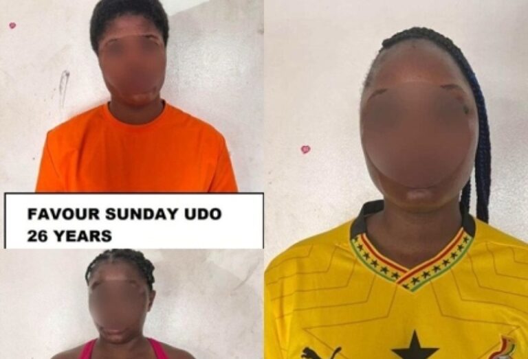 Collage of three people with blurred faces wearing bright clothes; banner reads 'FAVOUR SUNDAY UDO 26 YEARS'.