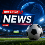 Breaking News banner with a soccer ball on a lit stadium pitch and a global map backdrop in blue.