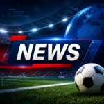 News banner with bold white 'NEWS' on dark blue panel, stadium lights, and a soccer ball on a green field at night.
