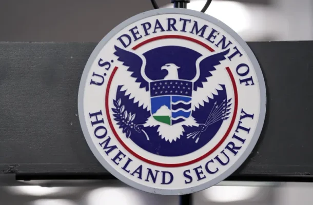 Circular seal of the U.S. Department of Homeland Security featuring an eagle with shield, olive branch, and arrows, text around the edge reads 'U.S. Department of Homeland Security'.