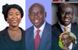 Collage of three professionals: woman in headwrap and blazer left, man in blue suit and red tie center, man in dark suit with glasses right (plus a small inset photo of another man).
