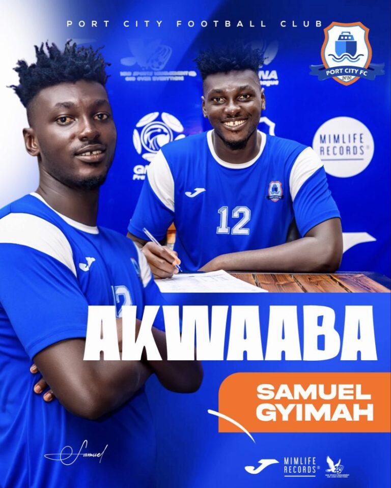 Two Port City FC players in blue sign a document at a wooden table; bold white 'AKWADABA' text and an orange 'SAMUEL GYIMAH' banner on a blue backdrop with club crest nearby.