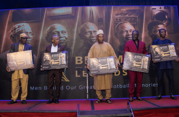 IMG_1517 | Ghanaguardian.com Five men stand on a stage, each holding a framed award plaque during a ceremony with a large backdrop featuring portraits and the words 'Presented to a Legend'.