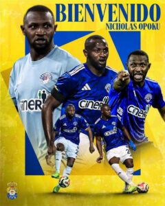 Welcoming poster for Nicholas Opoku with multiple action shots in blue jerseys on a bright yellow background.