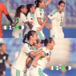 Women’s national team players in white and green celebrate on the field during a CAF Women’s Africa Cup of Nations match; collage shows 1-1 at 59 minutes and 1-2 at 64 minutes with the Ivory Coast and Algeria flags and the tournament logo in the corner.