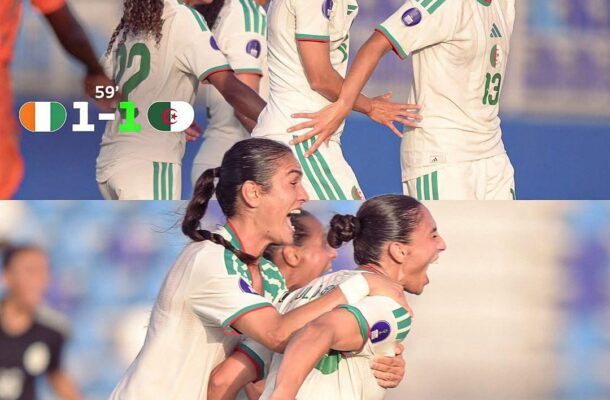 Women’s national team players in white and green celebrate on the field during a CAF Women’s Africa Cup of Nations match; collage shows 1-1 at 59 minutes and 1-2 at 64 minutes with the Ivory Coast and Algeria flags and the tournament logo in the corner.