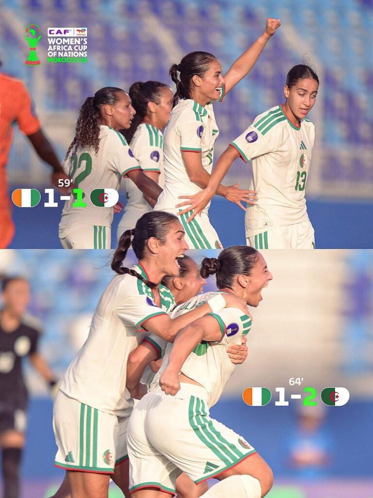 Women’s national team players in white and green celebrate on the field during a CAF Women’s Africa Cup of Nations match; collage shows 1-1 at 59 minutes and 1-2 at 64 minutes with the Ivory Coast and Algeria flags and the tournament logo in the corner.