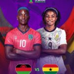 CAF Women's Africa Cup of Nations Morocco 2026 poster showing Malawi (left) and Ghana (right) players facing forward.
