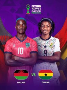 CAF Women's Africa Cup of Nations Morocco 2026 poster showing Malawi (left) and Ghana (right) players facing forward.