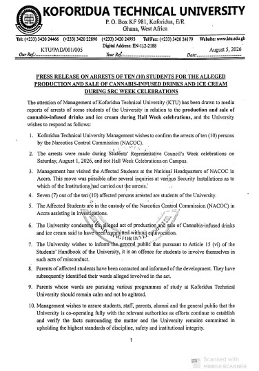 Scan of a press release from Koforidua Technical University about arrests of ten students for cannabis-infused drinks and ice cream during Hall Week celebrations, dated August 5, 2026.