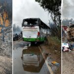 Three-panel accident scene: left shows a burning fuel tanker among trees; center shows a burned-out bus on a flooded road; right shows a crushed SUV with debris and bystanders nearby.