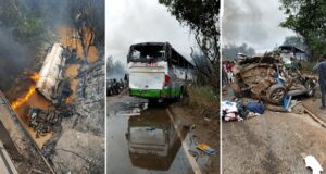Three-panel accident scene: left shows a burning fuel tanker among trees; center shows a burned-out bus on a flooded road; right shows a crushed SUV with debris and bystanders nearby.