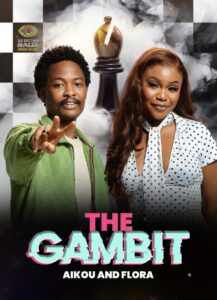 Big Brother Naija: The Gambit poster featuring Aikou and Flora, with the man pointing, the woman smiling, a large chess pawn in the smoky, checkered backdrop.
