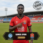 Soccer player in red Persijap kit on a stadium field with an overlay showing 'SAMUEL OFORI' and team logos (Kirivong FC and Persijap).