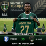 Footballer Augustine Amevorlorna holds up a green Al-BAQAA jersey (number 27) during a transfer announcement with a 'TRANSFER COMPLETED' banner behind him.