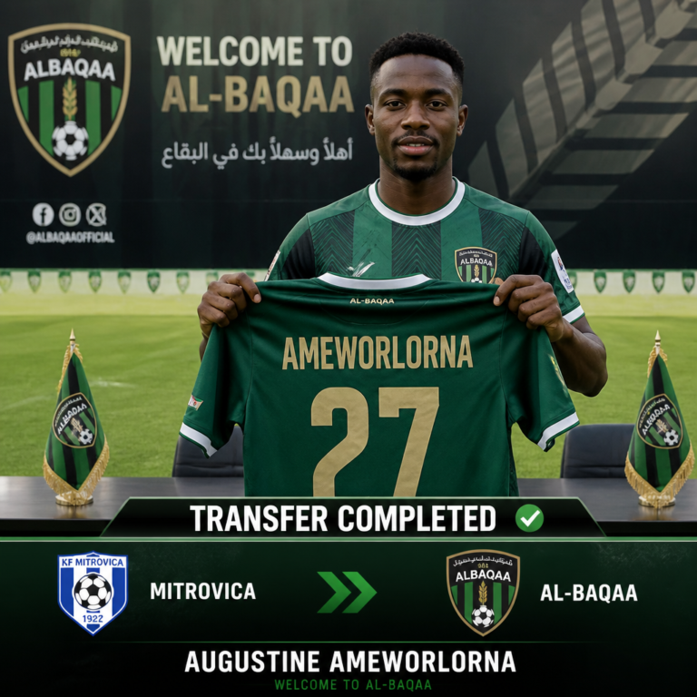 Footballer Augustine Amevorlorna holds up a green Al-BAQAA jersey (number 27) during a transfer announcement with a 'TRANSFER COMPLETED' banner behind him.