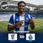 Footballer Kelvin Nkrumah in a blue-and-white striped jersey on a stadium field, with a 'RUMOUR' badge and a Medeama → Porto transfer graphic.